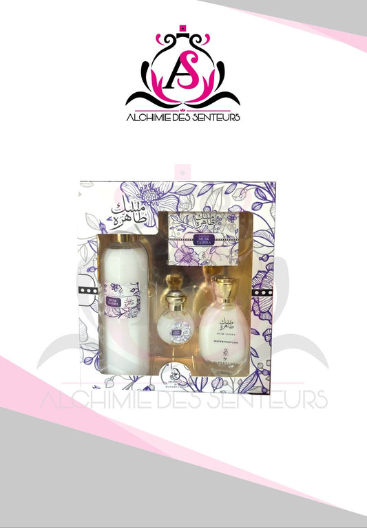 Coffret Tahara 4 articles [ 15ml huile parfumée, 35ml eau de parfum , 40 gros bakhour et 250 ml air freshener ]